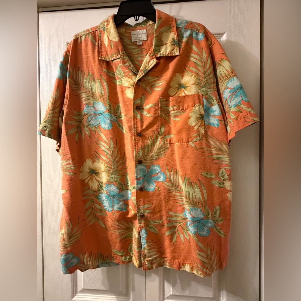 Trader Bay 100% Washable Silk Tropical Orange and Teal Men's Shirt Size L
